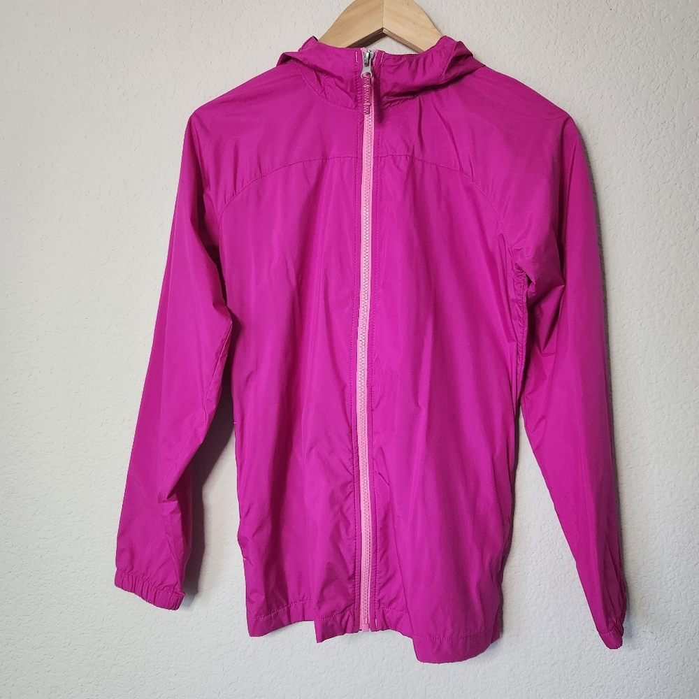 Women's Lands' End Pink Hooded Windbreaker Jacket Full Zip Pockets Size L (14)
